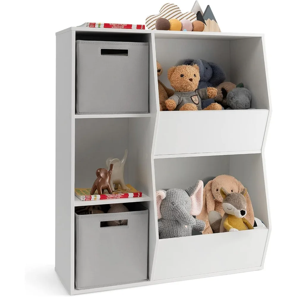 

Kids Toy Storage Organizer with Bookcase, Children Bookshelf and Toy Storage Bins for Toddlers, Wooden Storage Cabinet