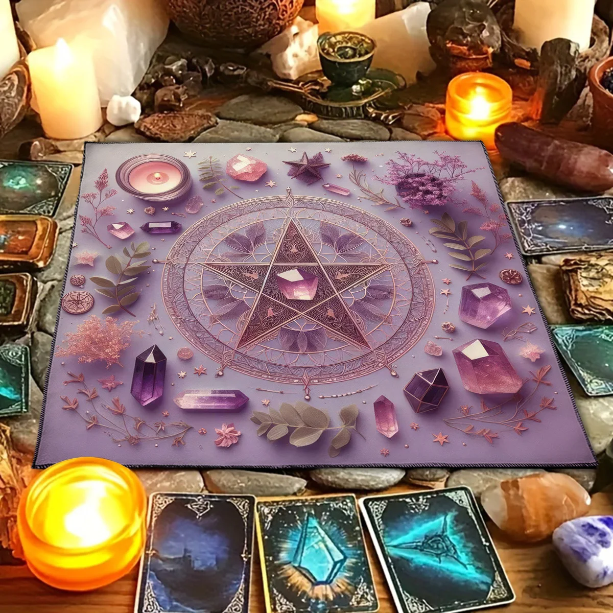 Paño de Altar de Cristal Rosa con Estrellas, Paño de Adivinación para Tarot y Brujería, Velas, Cristales, Flores y Plantas, Paño de Tarot con Pentagrama, Decoración para el Hogar