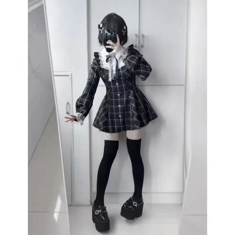 Harajuku Sweet Bow Black Plaid Dresses All-match Slim Fit Kawaii Lolita Dress for Women Autumn New Long Sleeve Vestidos De Mujer