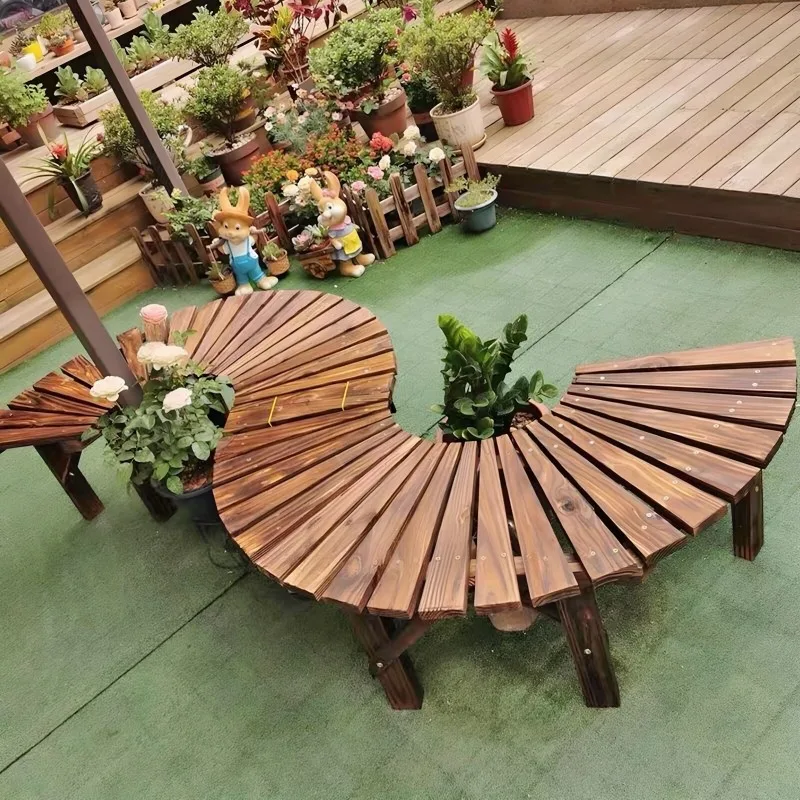 Semicircle Wooden Tree Bench Planter Stand Outdoor Garden Seat Indoor Succulent Display Shelf for Patio Balcony Home Decor