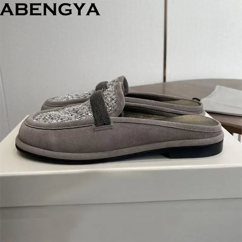 

Spring Suede Leather Flat Half Slippers Women String Bead Decor Slides Casual Shoes Women Round Toe Squines Women's Slippers