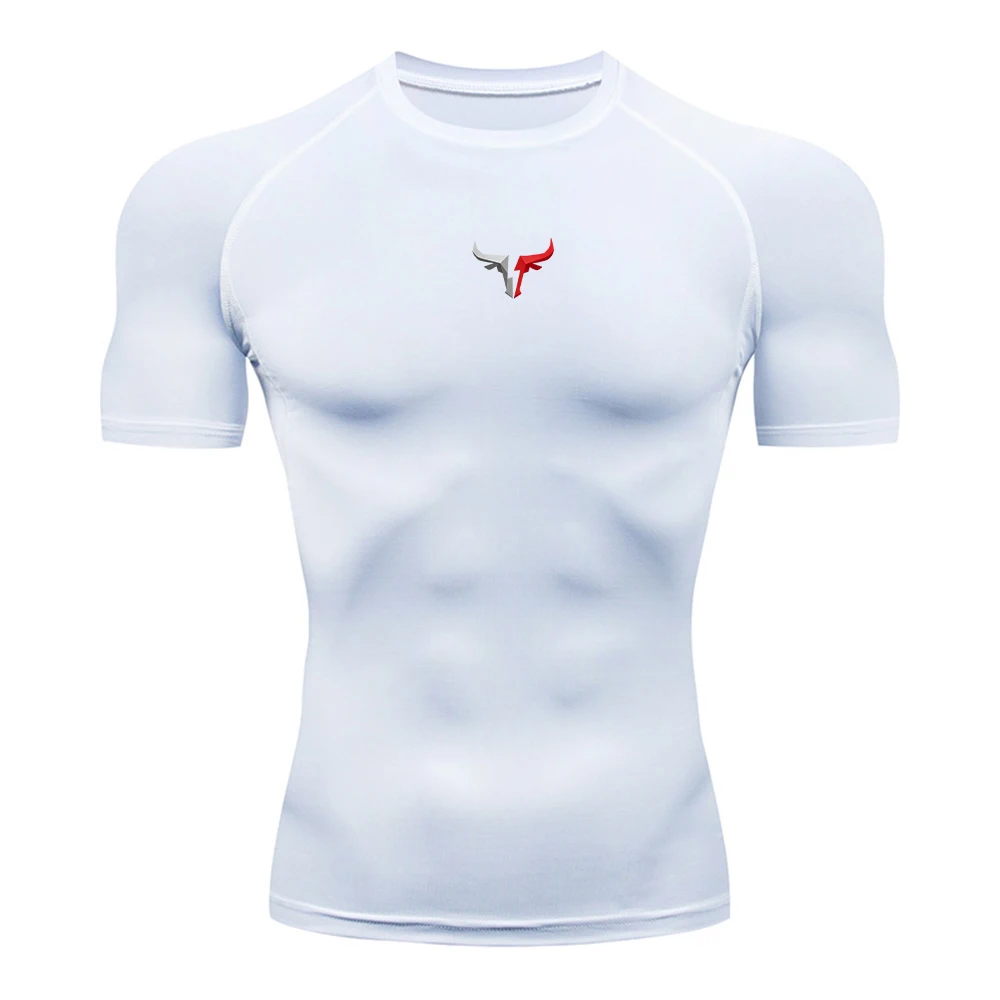 Men's Compression T-Shirt Red Grey Bull Head Logo Print Stretchy Quick Drying Short Sleeve Suitable For Fitness And Cycling