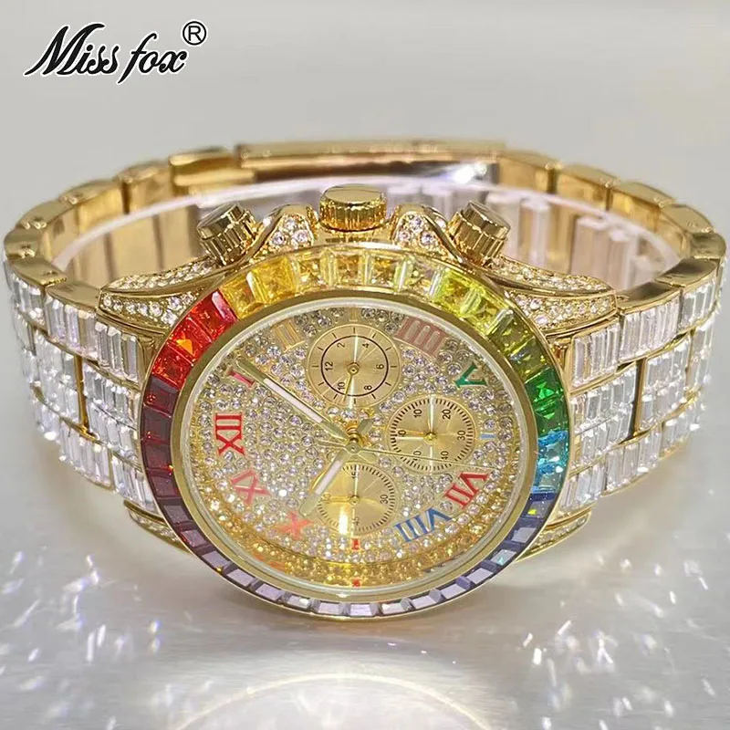 Top Luxury Watch For Mens Brand PLADEN Fashion Rainbow Iced Out Quartz Wristwatch Hip Hop Square Diamond Watch Mans Dropshipping