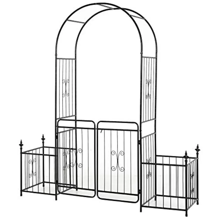 86 Garden Arbor Arch Gate for climbing plants, black metal with trellis sides, locking doors, planter baskets, flourishes arrow