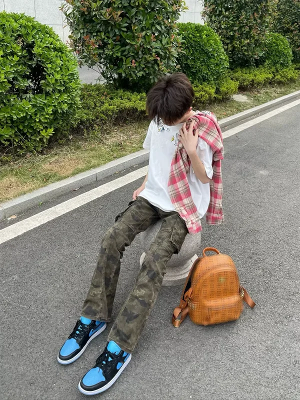 

American Sle Vintage Camouflage Jeans Men's Micro Flared Patchwork Workwear Pants Cool High Street Slim Fit Retro Long Trou...