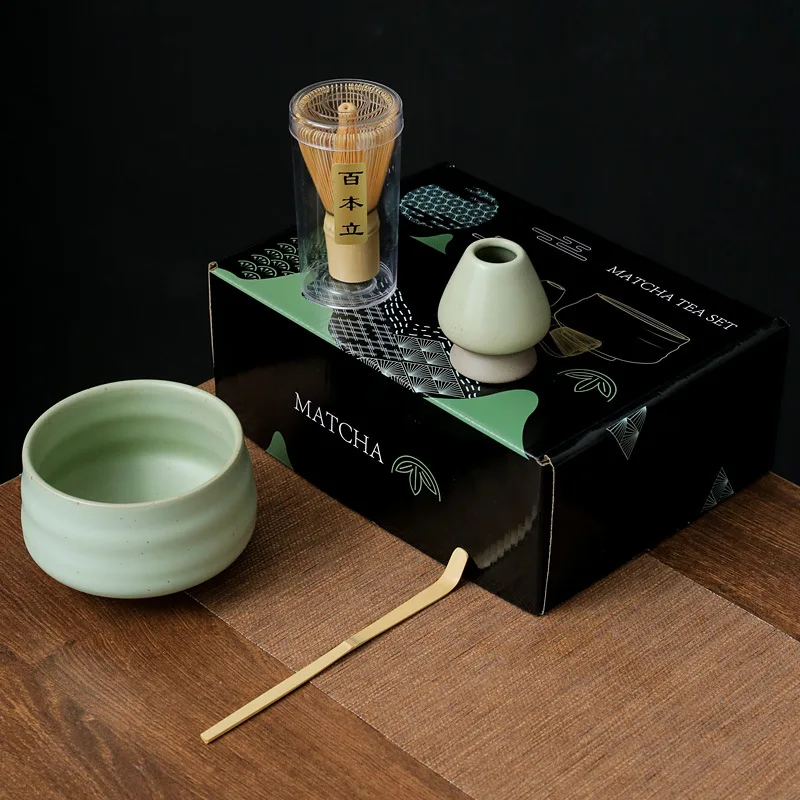 4 pieces Tea whisk matcha brush hundred local tea whisk combination with mouth tea bowl matcha tea maker tool set ceramic light