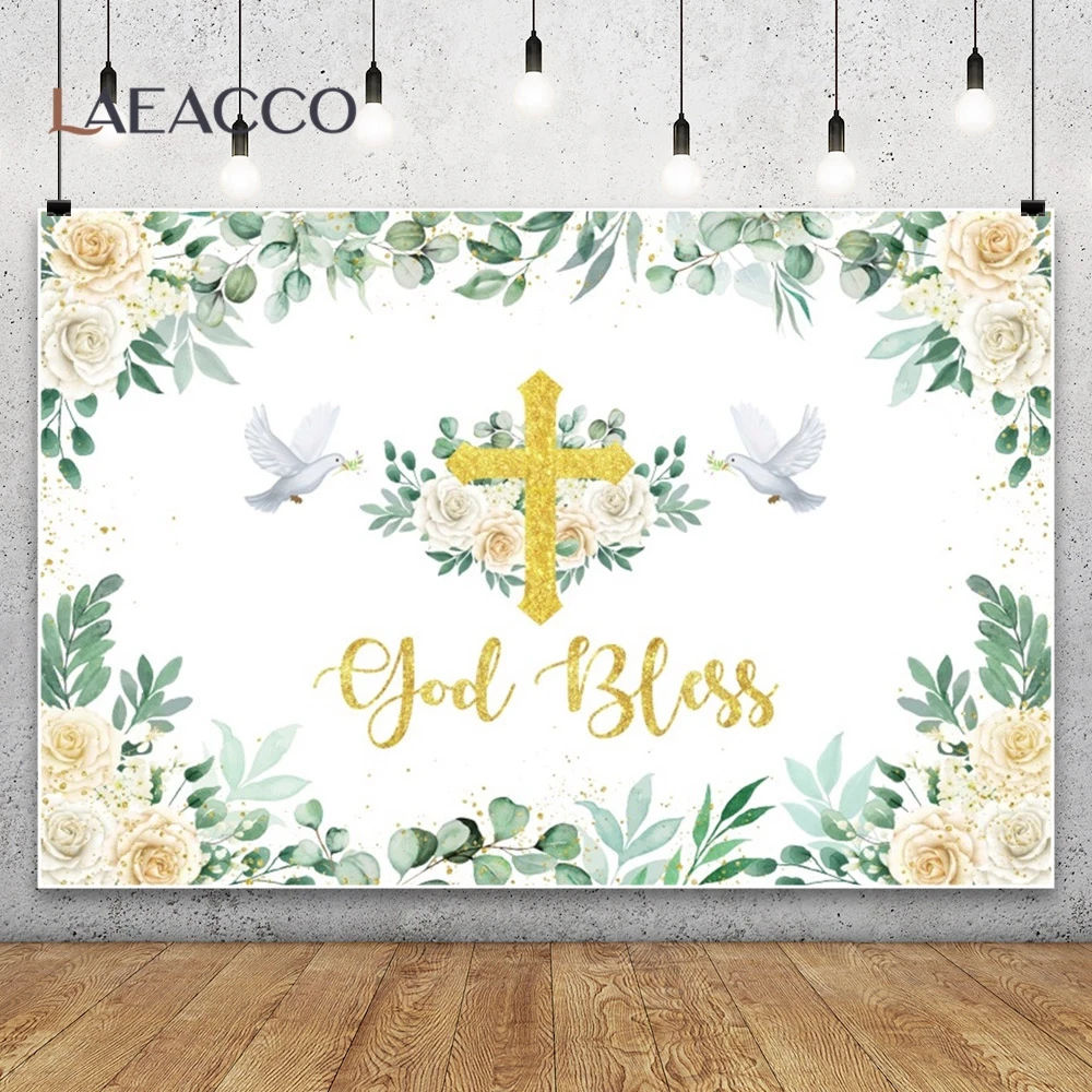 God Bless Background Boy Girl Baptism Golden Cross Flowers Pigeon Decor Holy Communion Christening Photography Backdrop Banner