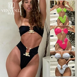 Women's separate swimsuit 2024 new fashion Summer  solid color Mosaic double chest wrap swimsuit sexy bikini for women gift box