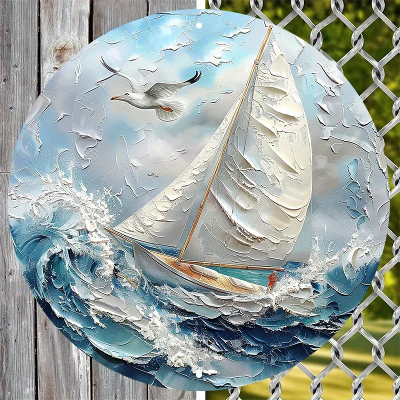

Aluminum Waterproof Circular Sign with Seagull and Sailboat Design, High-Quality Textured Touch, Ideal for Dorm Decor