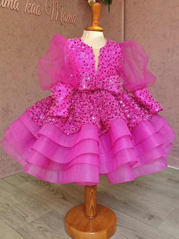 New Children Clothing Baby Girl Puffy Gauze Dresses Birthday Elegant Princess Prom Dress for Kids Sequin Long Sleeve Ball Gown