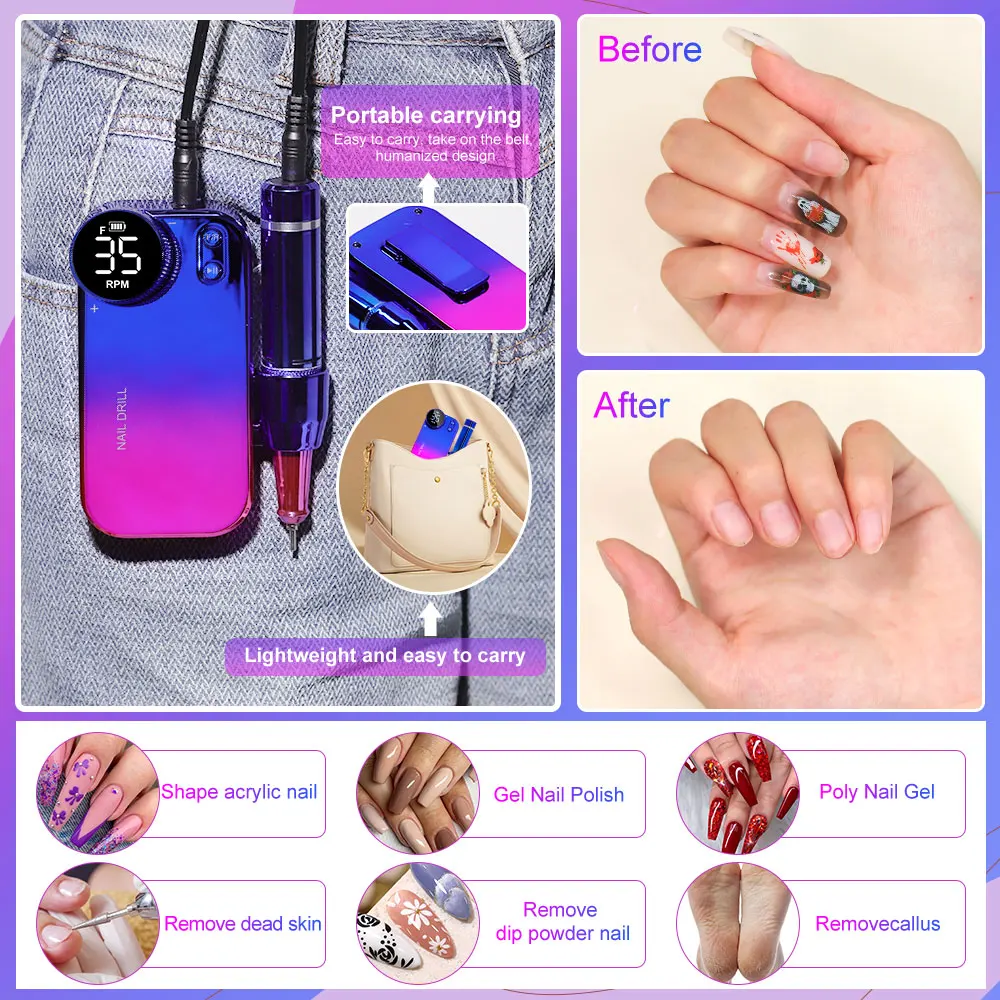 35000 RPM oplaadbare nagelboormachine met LCD-scherm Geluidsarm, professionele nagellakslijper Nagelaccessoireset