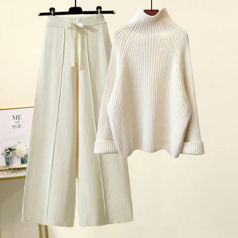 Women Autumn Winter Chic Casual Half High Collar Sweater Wide Leg Pants Sets Lady Loose Knit Pullover Trousers Outfits Knitwear