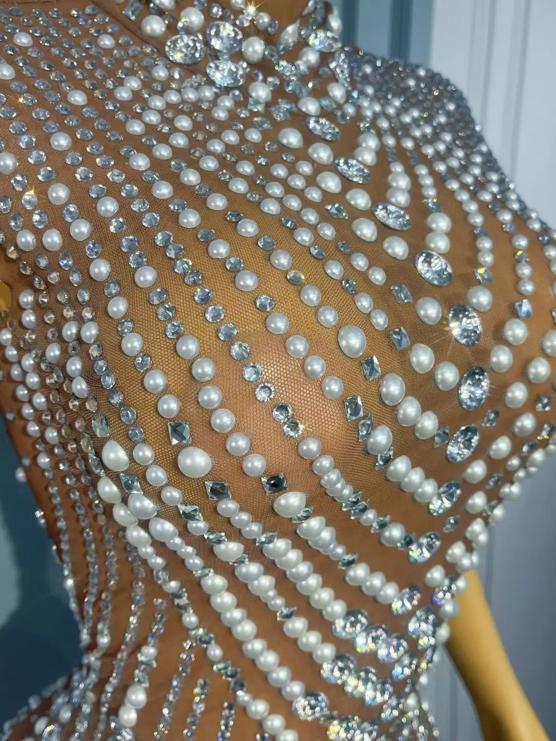 Women Luxury Pearls Rhinestones Brown Mesh Transparent Bodycon Mini Dress Showgirl Stage Costumes Nightbar DJ Gogo Dance Dress