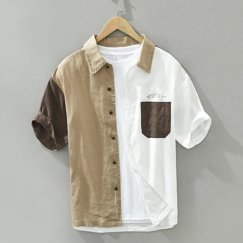 Short Sleeve100% Linen Shirt For Men Summer Fashion Simple Casual Chic Patchwork Blouse Comfortable Cozy Breathable Premium Tops