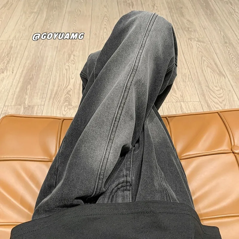 

Waed e ey Men's Jeans High Street Trend Loose Straight adual Elastic Waist Wide Leg Pants Autumn Casual Cotton Stretch