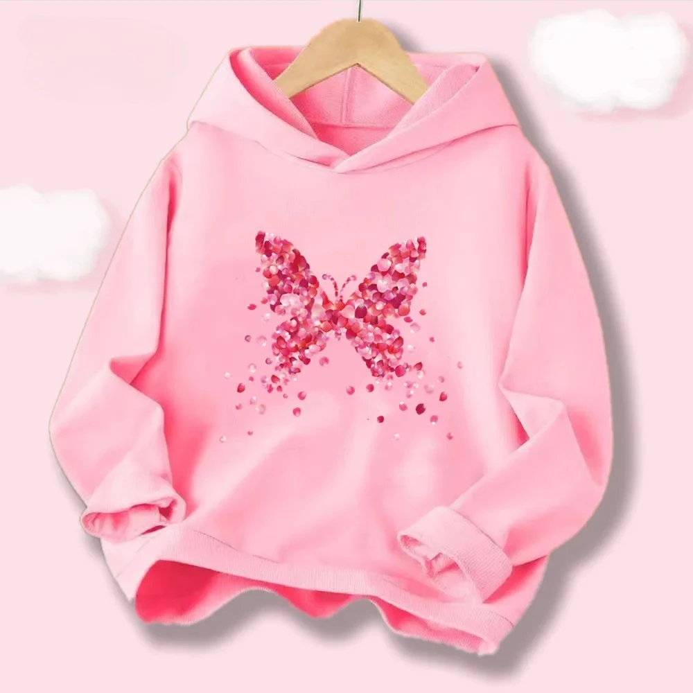 جديد عصري الوردي البتلة فراشة هوديس للفتيات ربيع الخريف مقنعين البلوز، لينة القطن الأطفال أعلى HDHB1