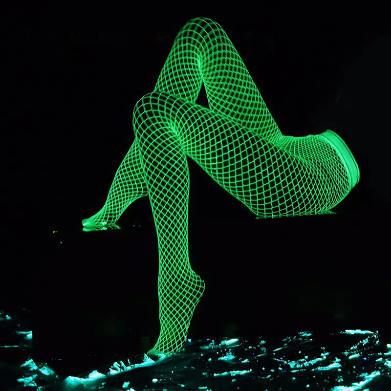 Luminous Glowing Long Fishnet Socks Large Size Glow In The Dark Luminous Pantyhose Pole Dance High Elastic Mesh Tights For Women