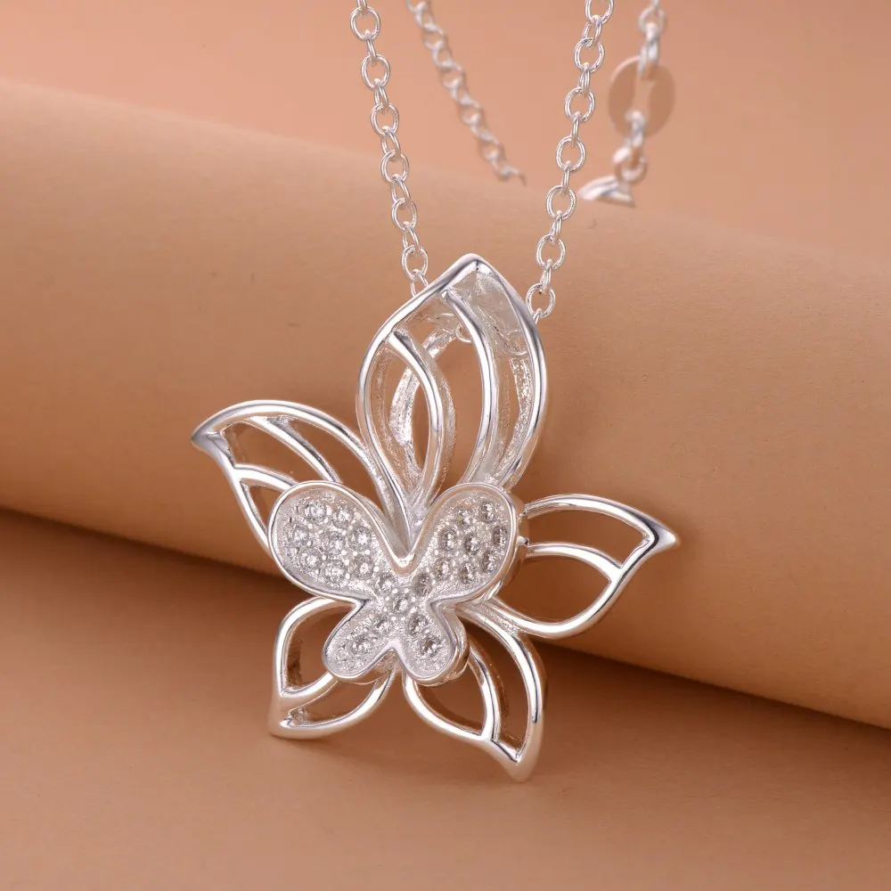 Neue 925 Sterling Silber Halskette mit Anhänger Schmetterling Blume für Damen Hochzeitsschmuck Feine Accessoires Zirkon Mode Party Geschenke