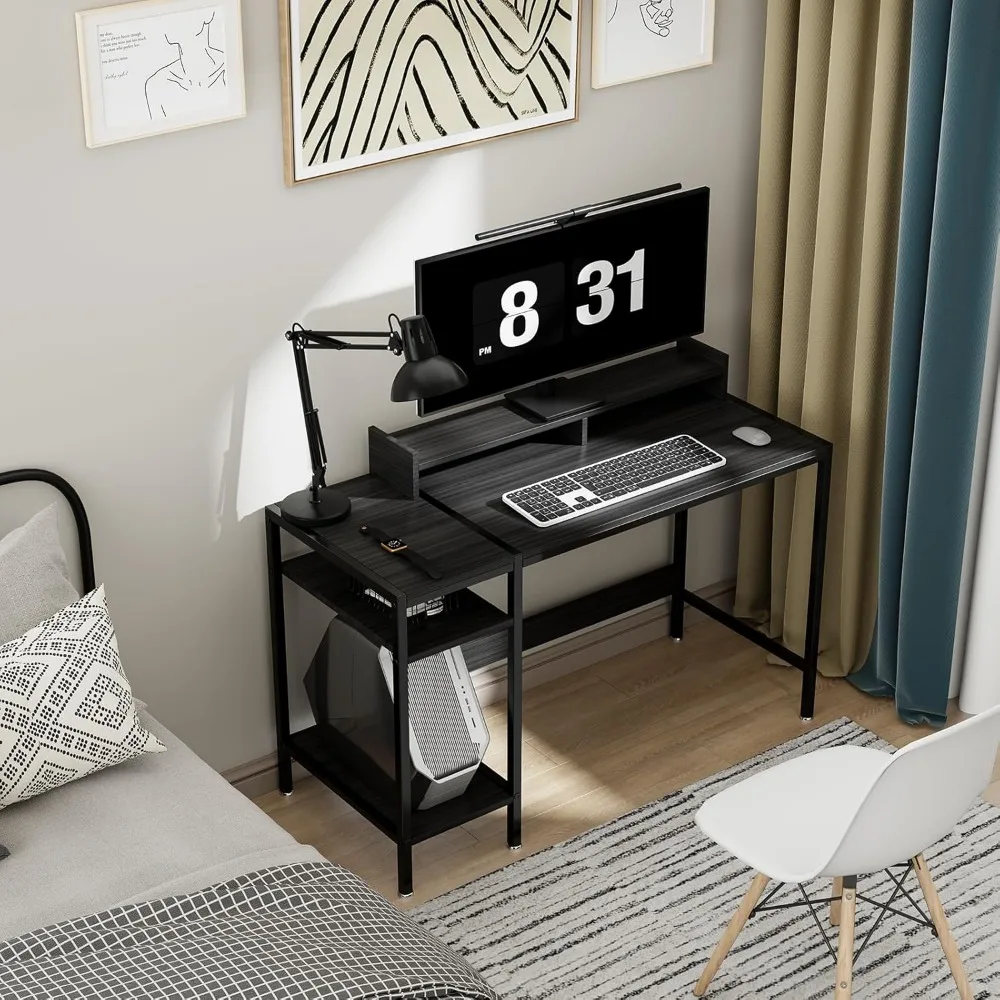 مكتب ألعاب ومنزلي للشاشات المزدوجة، مكتب كمبيوتر أسود مقاس 47 بوصة مع مساحة تخزين وحامل شاشة قابل للتعديل #2
