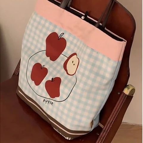 Blue Plaid Large Capacity Cute Japanese Cartoon Apple Canvas Tote Bag Storage Bag Commuting Bag Women's Bags Handbag