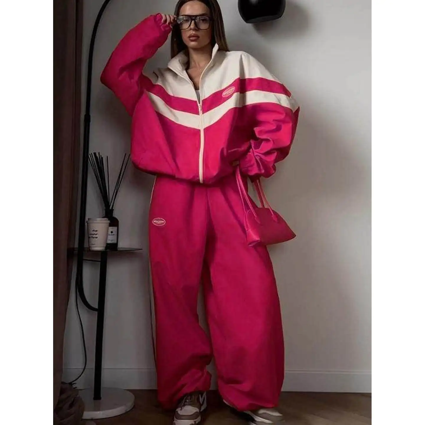 

Street Sport Sle Color Blo Set Casual Suit with Stand Collar Long Sve Outerwear Loose Fit Pants Two Piece Set for Women