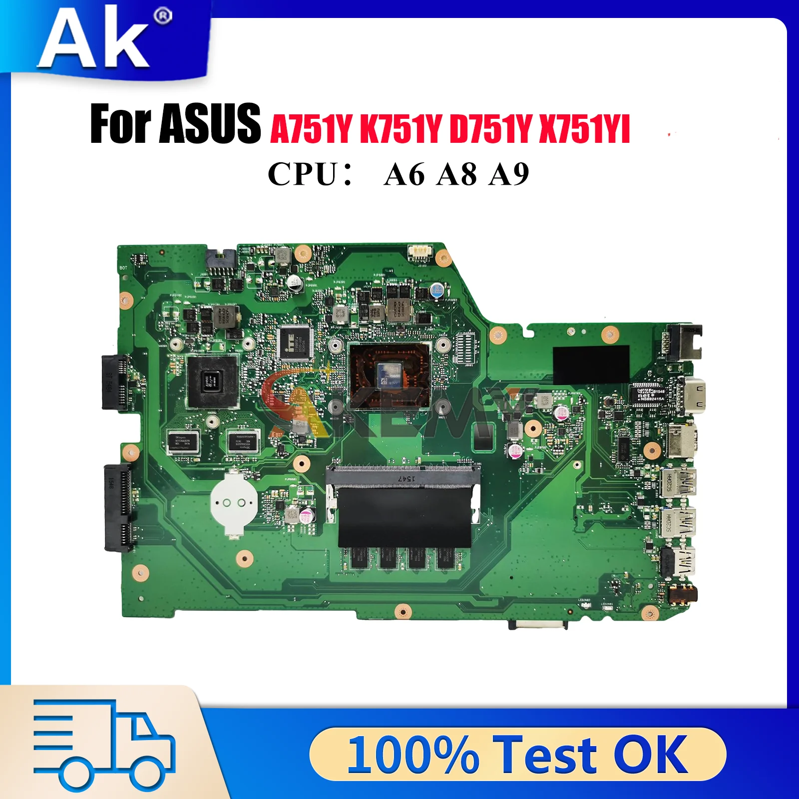 

Материнская плата для ноутбука X751YI для ASUS VivoBook X751YI K751Y A751Y X751Y D751Y с процессором A6 A8 A9, 100% тестирование, ОК, быстрая доставка
