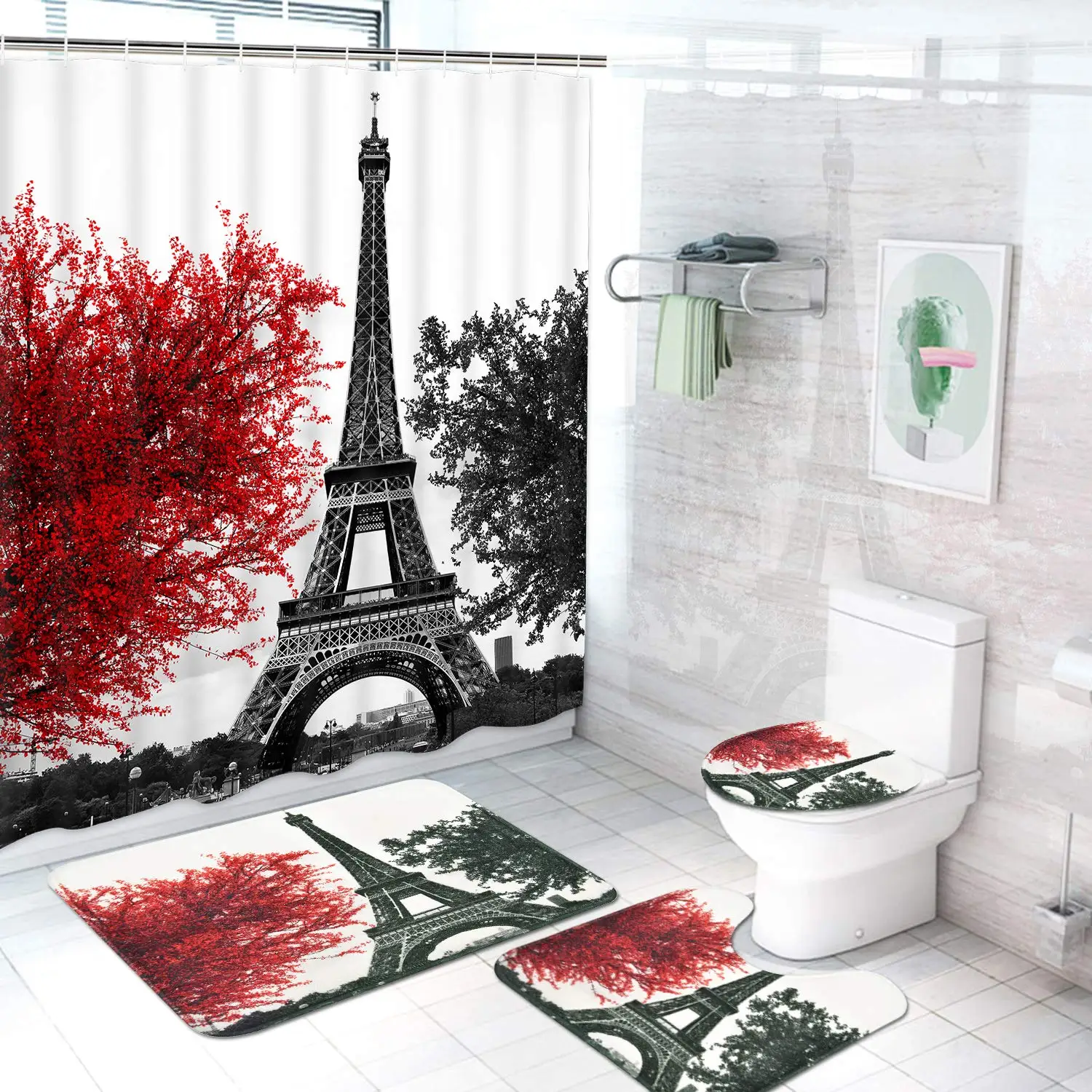 

Paris Eiffel Tower Shower Curtain Set with Rugs Waterproof Curtain Bathing Screen Anti-slip Toilet Lid Cover Rugs Bathroom Decor