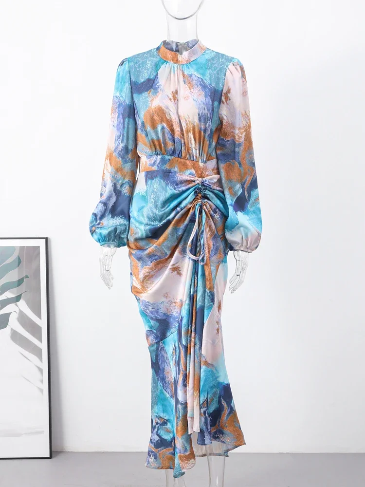 2024 New Long-sleeved Printed Pleated Skirt, Elegant Mid-high Neck Suit, Contrasting Ribbon, Colorful and Fitted