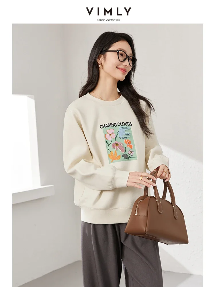 VIMLY Women Casual Simple Sweatshirts 2025 Spring Watercolor  Boho Graphic Flower Printed Pullover Long Sleeve Commuter TopA0500