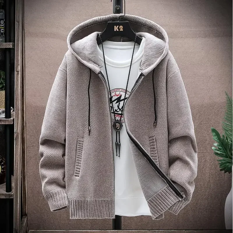 Men\'s Hooded Cardigan Knitted Solid Sweaters with Hoods Slim Fit Thickened Warm Cardigan Casual Sweatercoat Jacket Men Clothing