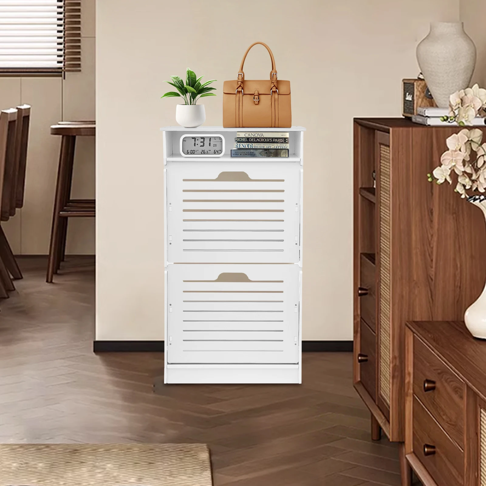 

2-Drawer Flip Down Shoe Cabinet Anti-Aging Large Space Shoe Organizer Cabinet for Corridors/Living Rooms/Porches