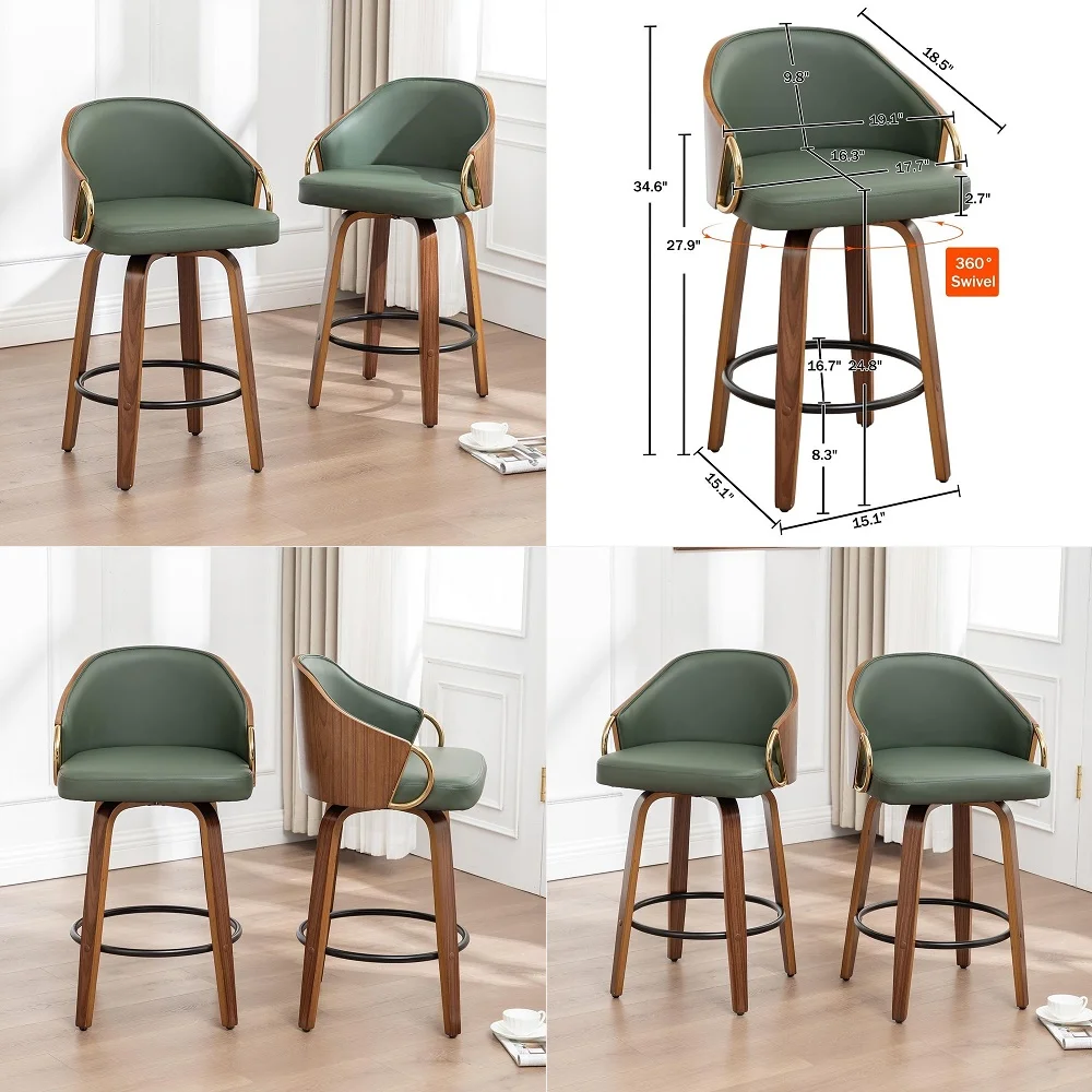 

Bar Stool Set of 4, 27inch 360 Swivel Barstool with Upholstered Back amp Seat, Solid Rubber Wood Legs amp Footrest, Farmhouse C