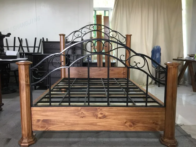 Black walnut wooden bed in North America country solid wooden bed log double iron wooden bed main
