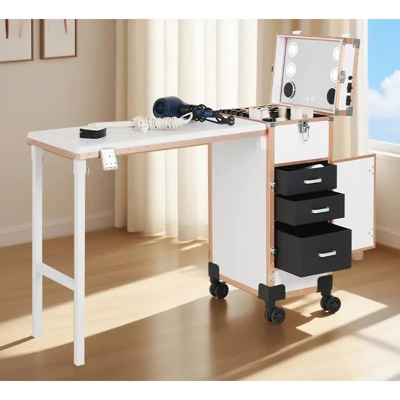 Portable Rolling Manicure Table for Nail Teach Foldable Traveling Nail Desk Table with Mirror Makeup Train Case Cosmetic Trolley