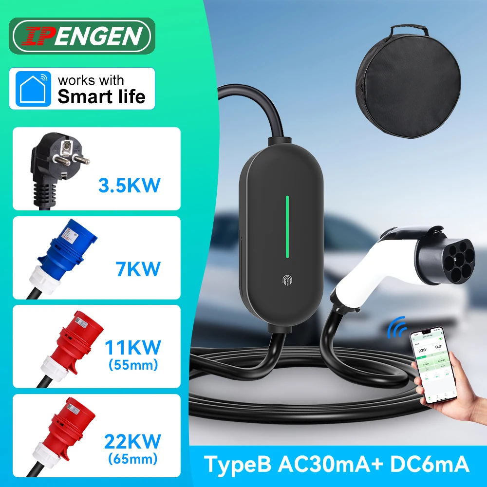 

IPENGEN GB/T Портативное зарядное устройство для электромобилей 16A/32A Зарядное устройство для электромобилей Зарядный кабель EVSE Беспроводное управление через приложение 3,5 кВт/7 кВт/11 кВт/22 кВт