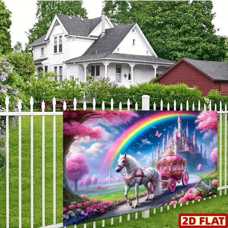 2D Flat - 1pc Fairy Tale Castle Backdrop Banner | Vibrant Rainbow Pink Castle Design with White Horse Carriage, Butterflies,