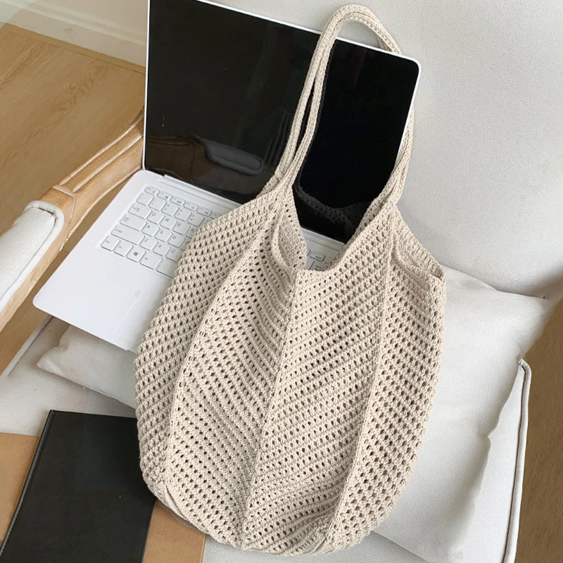

Summer Beach Woven Tote Bag For Women Hollow Out Design Large Capacity Shopper Shoulder Bag Female Crochet Bag