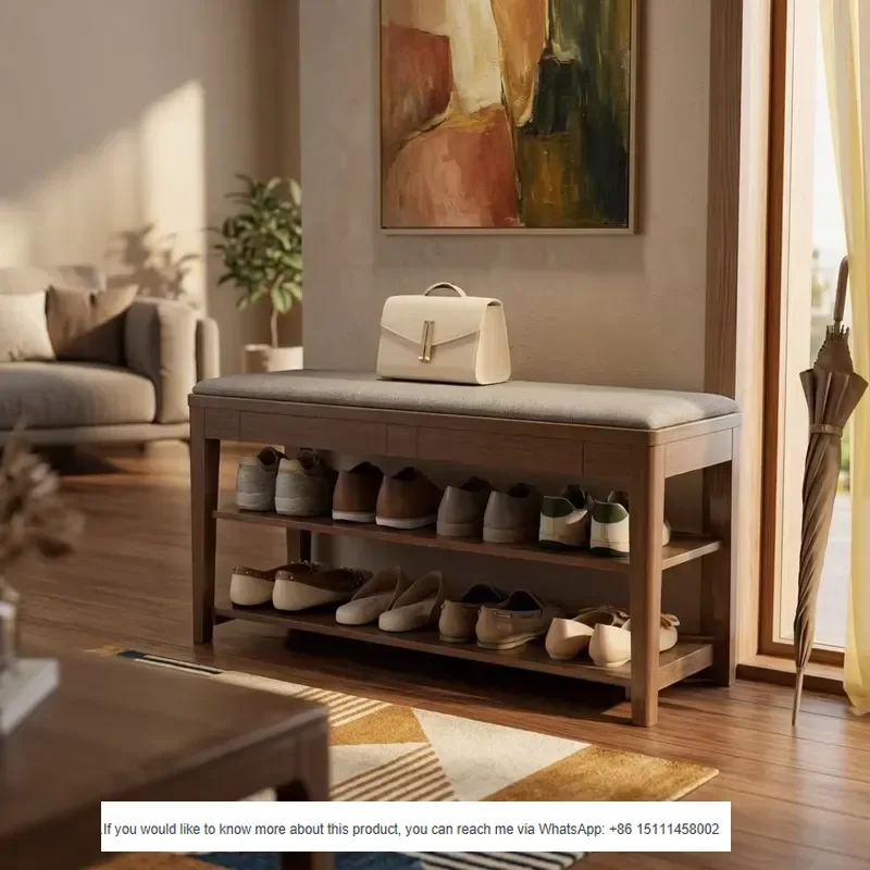 Portable Solid Wood Mid-Century Modern Shoe Rack Bench with Cushion Hidden Drawer & 2-Tier Storage for Entryway Mudroom
