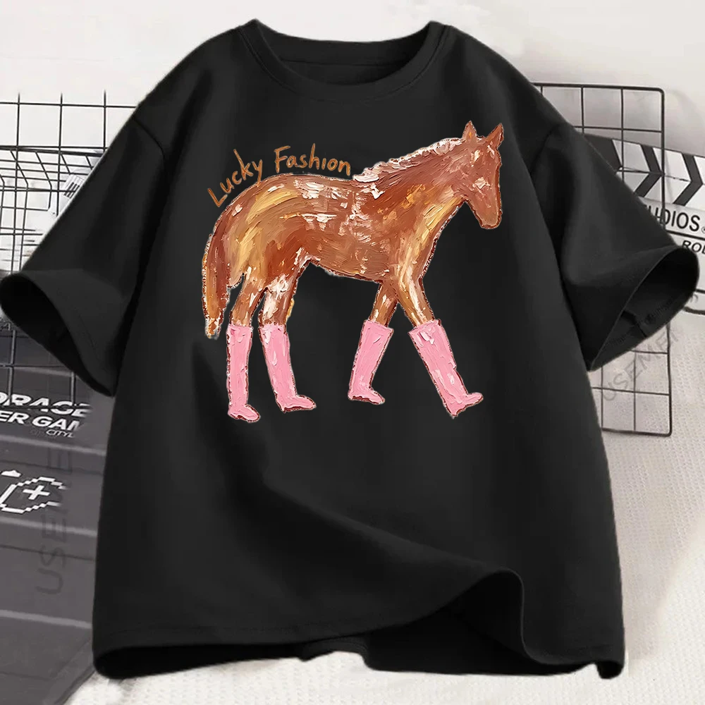 Pferde-Print Damen-T-Shirt Niedliche Rosa Stiefel Pony Grafik-T-Shirt Lässiges Oversize Kurzarm Sommer-Oberteil Vintage Harajuku Tier-Shirt – Detail 3