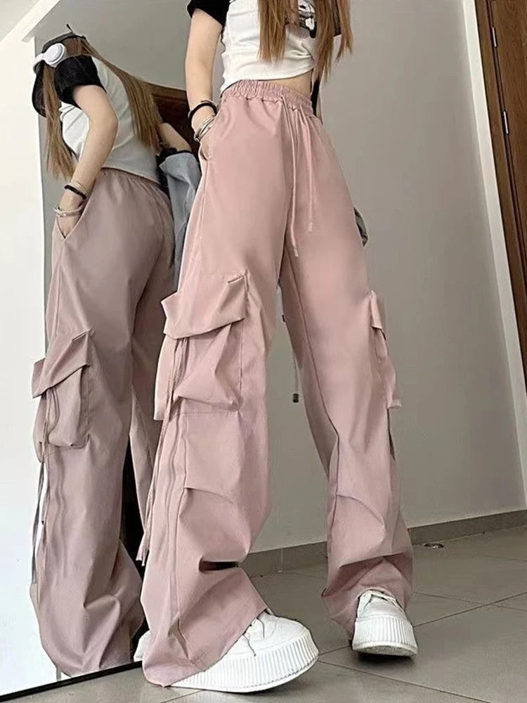 Mulheres calças de carga cintura alta streetwear hip hop calças femininas grandes bolsos casual cintura baixa cordão baggy sweatpants