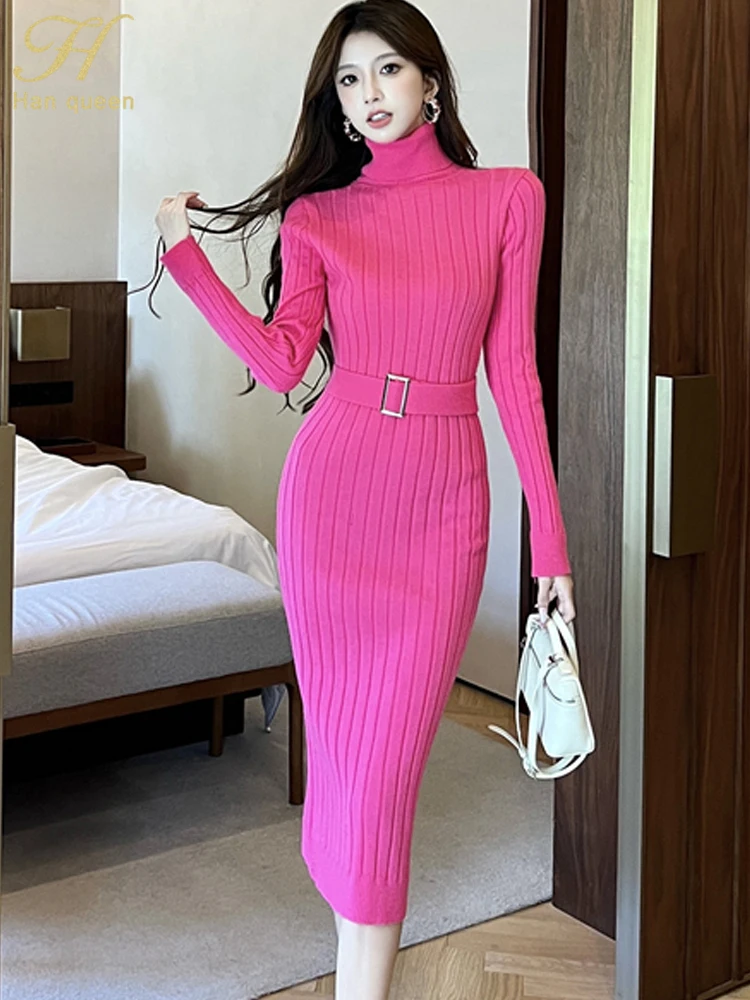 الخريف الياقة المدورة سترة Bodycon غمد قلم رصاص محبوك فستان قاع المرأة لينة فساتين الحفلات المرنة مع حزام