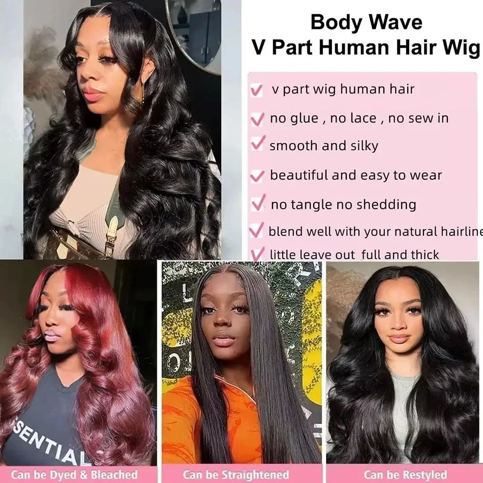 Fotografia 7: Peruca Body Wave V Part de Cabelo Humano Cru Peruano de 18 a 36 Polegadas, Perucas Onduladas em Formato V para Mulheres, Perucas Humanas Amigáveis para Iniciantes