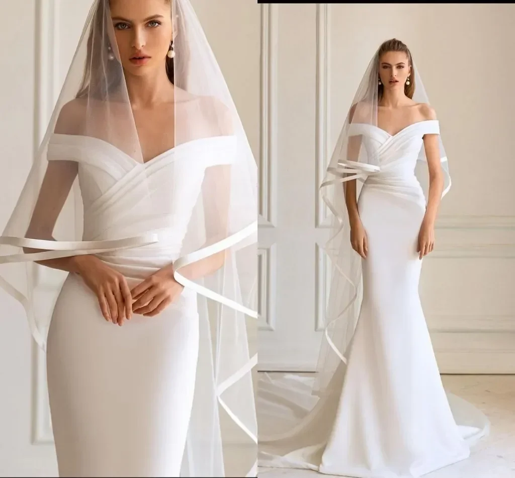 

Simple Plus Size Mermaid Wedding Dresses Sexy Off Shoulder V Neck Draped Pleats Court Train Bridal Gowns Vestidos De Noiva