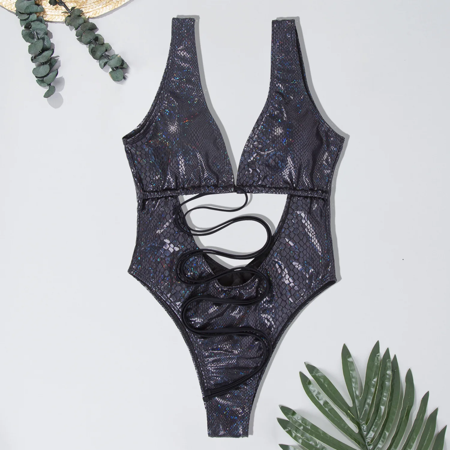 Spot sales of popular one-piece swimsuits from Amazon in Europe and America, women\'s lace up backless one-piece bikini in 2024 w