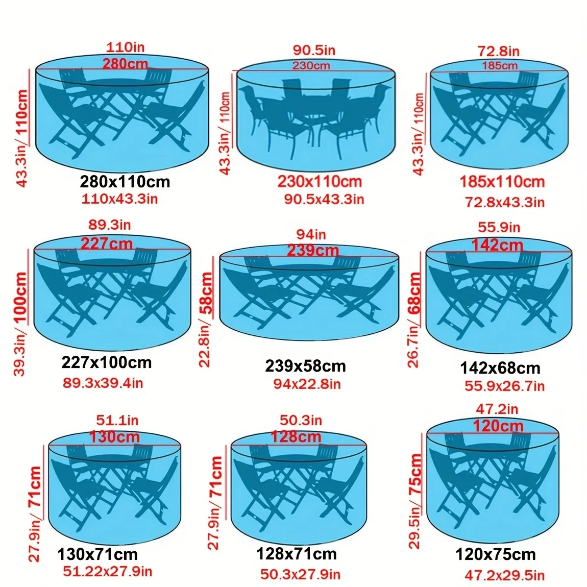 Waterproof Round Patio Furniture Cover - UV & Wind Resistant, Dustproof Outdoor Table and Chair Set Protector, Black, Rain, Snow