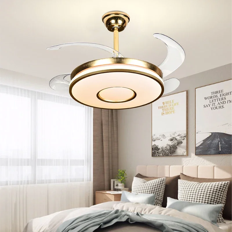 

Contemporary Invisible Gold Ceiling Fan Lamps LED with 4 Retractable Acrylic Blades Lighting Groups Ceiling Light Fan