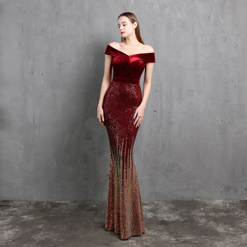 

Sexy Women Off Shoulder V Neck Velvet High Waist Sequined Sheath Bodycon Evening Party Long Mermaid dress vestidp de festa