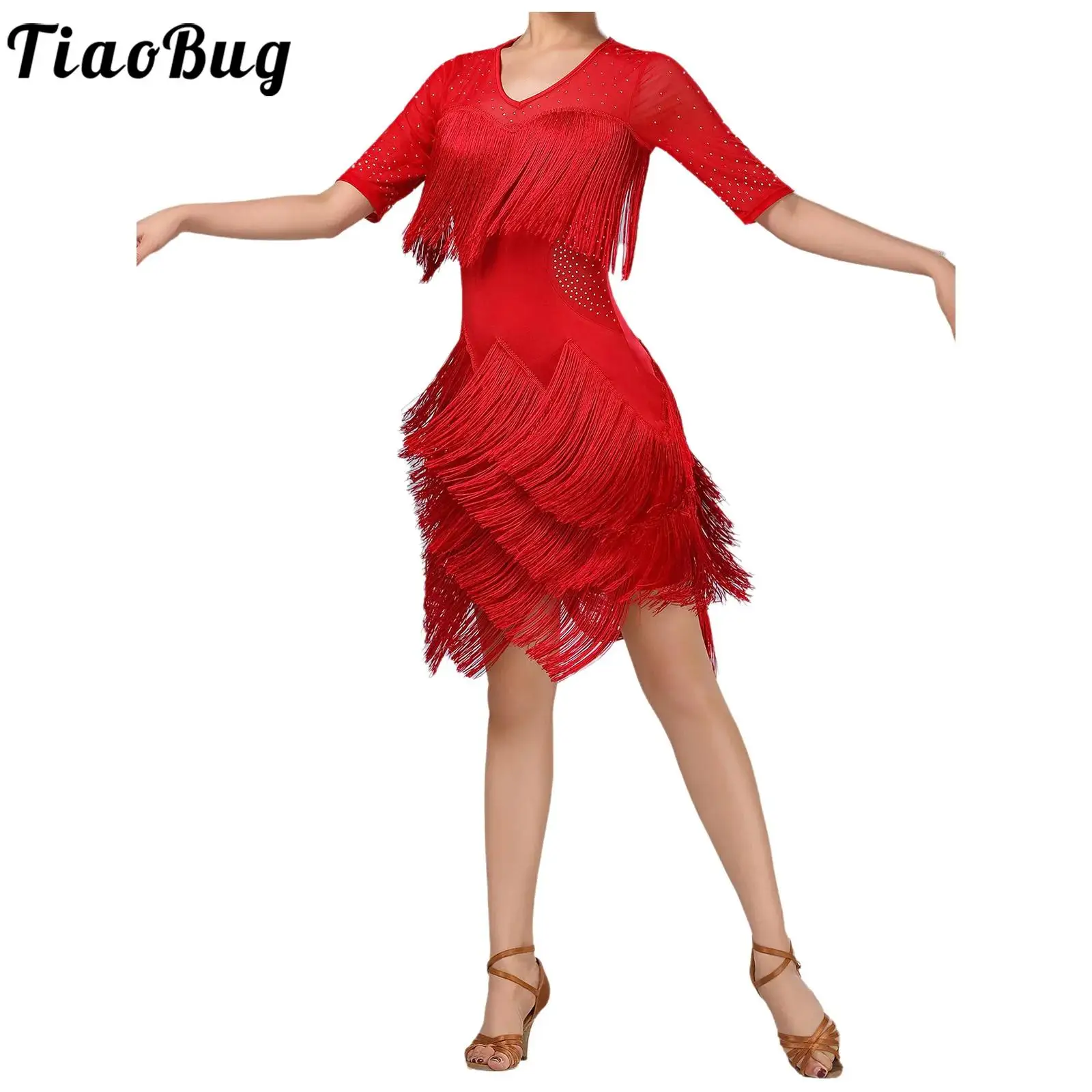 

Women Rhinestones Latin Tango Tassel Dress Mesh Patchwork Short Sleeve Irregular Hem Fringe Dress for Chacha Rumba Samba