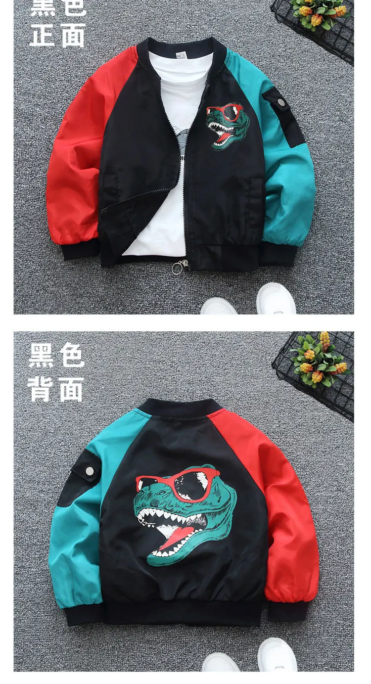 Neue Herbst-Baseballjacke für Jungen, Farbblock-Design mit Raglanärmeln, Dinosaurier-Print, Reißverschluss, Lässige Oberbekleidung für Kinder – Detail 3