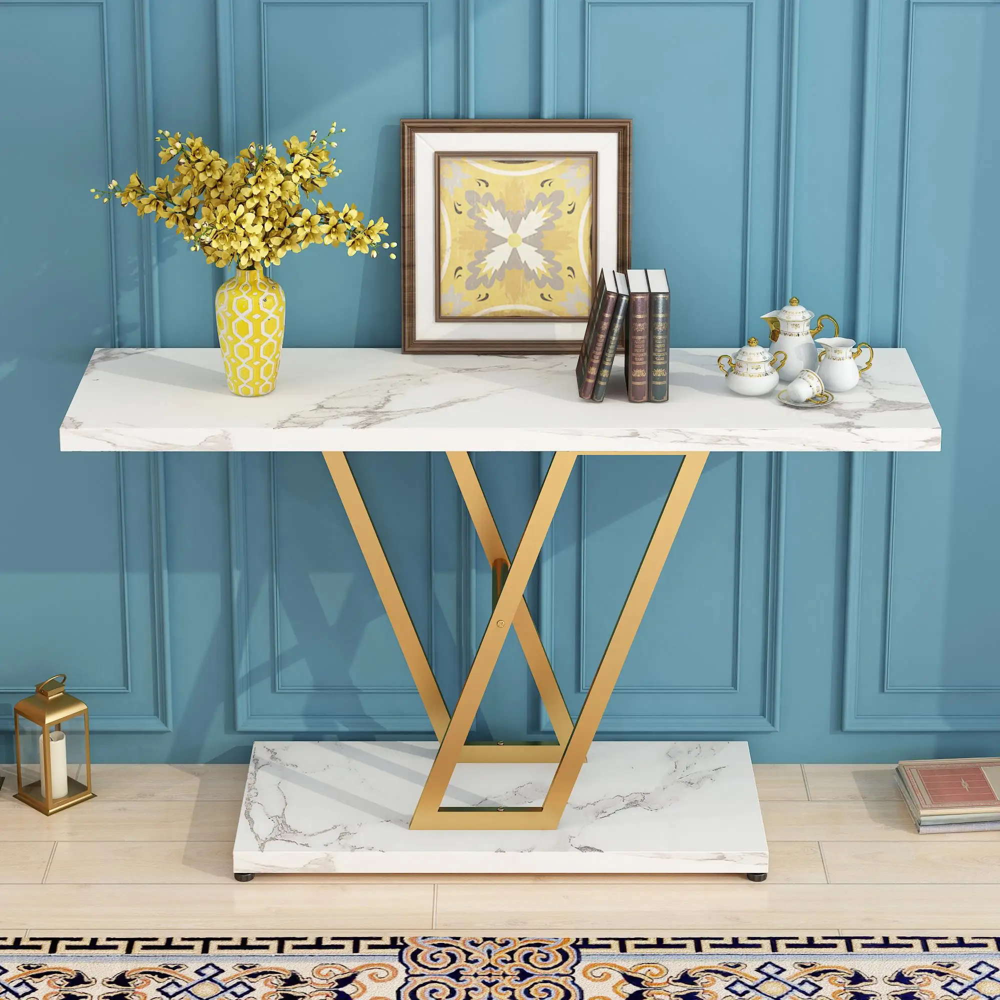 42 Inch Industrial Console Table for entryway | Narrow Sofa Table with Stable Metal Frame | Easy Assembly in Gold/White